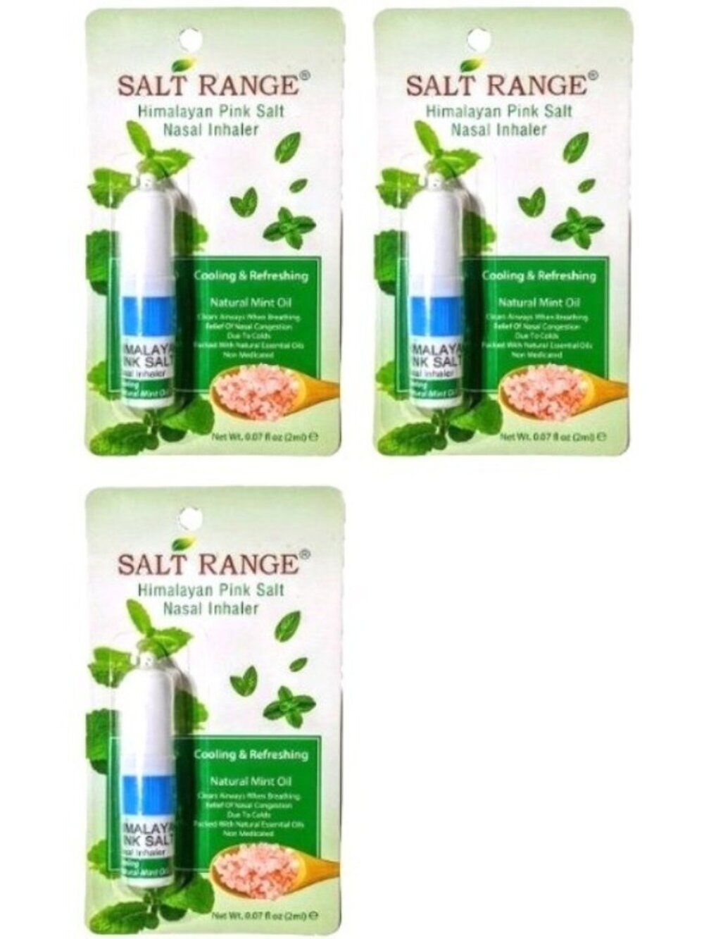 3 x Himalayan Pink Salt Nasal Inhaler Nose Cooling Natural Mint Essential Oils